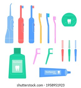 Dental cleaning tools set. Hygiene and oral care. Flosser, Irrigator, mouthwash, toothbrush and dental floss. Vector illustration in flat style on white isolated background.