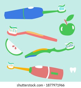Juego de herramientas de limpieza dental Pinceles dentados Ilustración vectorial plana