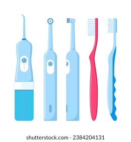 Dental cleaning tools. Set of toothbrushes and irrigator. Electrical tooth hygienic equipment. Teeth health. Vector illustration