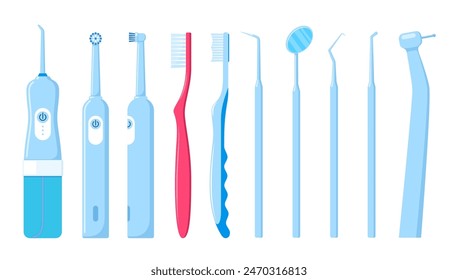 Herramientas de limpieza dental. Juego de cepillos de dientes, irrigador, herramientas para el tratamiento dental profesional. Equipo higiénico de dientes eléctricos. Salud dental. Ilustración vectorial