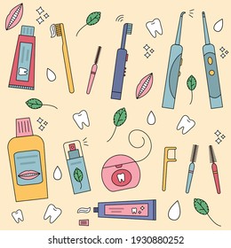 Dental cleaning tools set. Vector illustration in flat style. irrigator, dental floss, mouthwash, toothpaste, electric toothbrush, toothpaste and more.