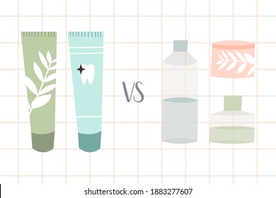 Dental cleaning tools: toothpaste vs dentifrice, mouthwash. Oral care. Dental hygiene, teeth care. Vector flat cartoon illustration, landing page template, banner design, web