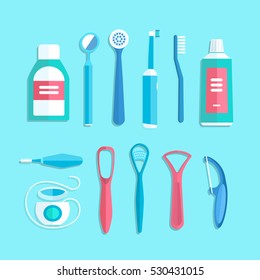 Dental cleaning tools. Vector illustration of oral hygiene products such as toothbrush, toothpaste, mouthwash, tongue brush, tongue scraper and dental floss, isolated on background.