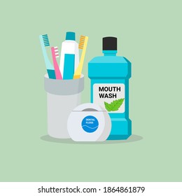 Dental cleaning tools.Toothbrush, toothpaste, mouthwash,dental floss.Oral care and hygiene products. Vector illustration.