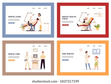 Dental clinic for adults and children website pages set with cartoon people characters, flat vector illustration on white background. Landing page for dentistry.