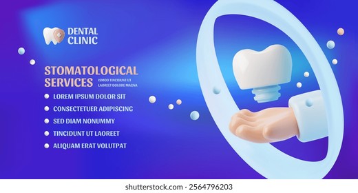 Dental clinic advertising banner 3D vector design. Stomatological services, professional orthodontic and dentistry. Volume tooth implant, shield and dentist hand on blue background