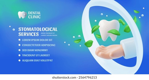 Dental clinic advertising banner 3D vector design. Professional stomatological services, dentistry. Volume white tooth with healing herbs, protection shield and dentist hand on blue background