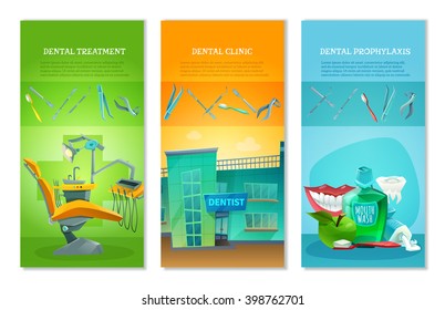 Dental clinic for affordable prophylactic procedures and painless treatment 3 flat vertical banners set abstract vector illustration