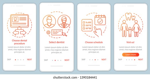 Dental clinic appointment onboarding onboarding mobile app page screen with concepts. Planning visit to dentist walkthrough steps graphic instructions. UX, UI, GUI vector template with illustrations