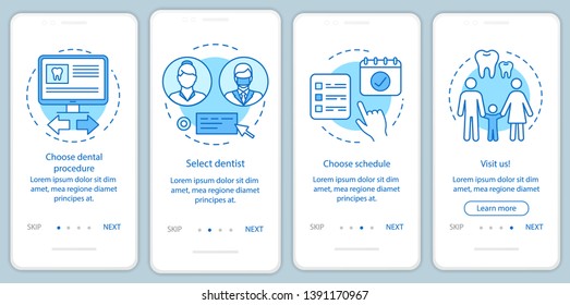 Dental clinic appointment onboarding mobile app page screen with linear concepts. Routine dentist visit walkthrough steps graphic instructions. UX, UI, GUI vector template with illustrations