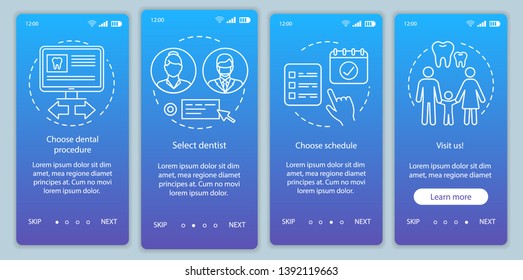Dental clinic appointment onboarding mobile app page screen vector template. Routine dentist visit. Walkthrough website steps with linear illustrations. UX, UI, GUI smartphone interface concept