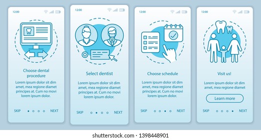 Dental clinic appointment onboarding mobile app page screen with linear concepts. Planning visit to dentist walkthrough steps graphic instructions. UX, UI, GUI vector template with illustrations