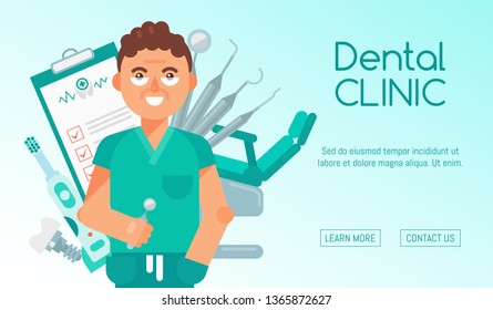 Dental clinic banner vector illustration. Dental care web design. Set of dental tools and equipment. Friendly smiling dentist. Dentistry, Orthodontics. Healthy clean teeth.