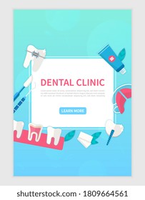 Dental Clinic banner or web page template with central text surrounded by dental care and dentistry accessories on blue, colored vector illustration