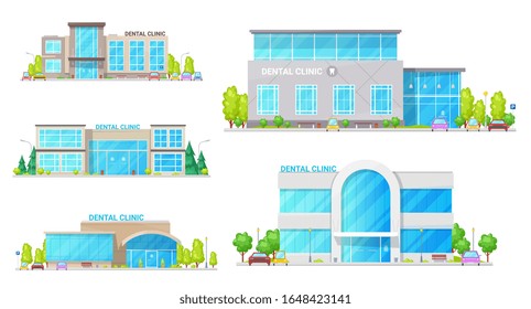 Dental clinic buildings vector design of dentist office constructions. Medical hospital and health center icons, healthcare buildings of emergency care with modern exteriors of glass facade and window