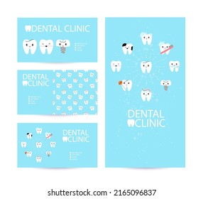 Dental clinic business card template. Teeth Vertical and horizontal Background set, dentist and orthodontist logotype, banner and poster, flyer or groupon with copy space, vector collection