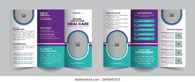 Dental clinic Business Trifold Brochure Design for Hospitals, Modern Trifold brochure for teeth treatment, checkup, and oral care promotion Template