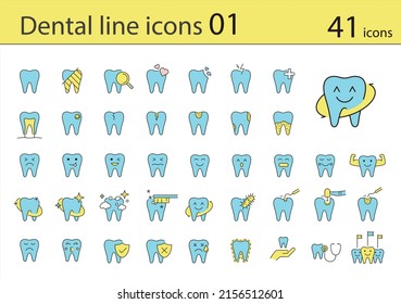 Dental clinic and dental care element line icons