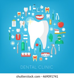 Dental Clinic and Care Icons with Tooth. Stomatology, Dentistry Services. Vector illustration