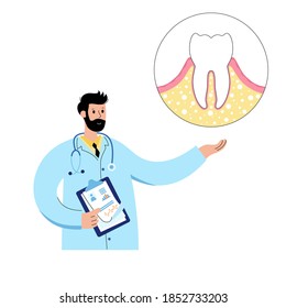 Dental clinic care logo. Doctor dentist in stomatology, tooth anatomy poster isolated flat vector illustration. Oral hygiene medical banner. Medicine, pills, diagnosis and treatment for teeth disease.