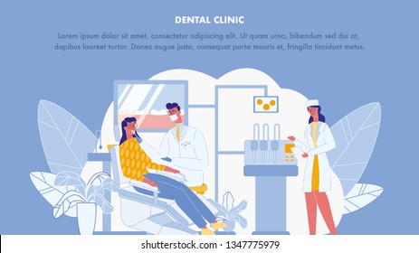Dental Clinic Color Vector Web Banner Template. Stomatology Poster. Assistant, Practicant. Dentist and Patient. Appointment. Woman on Chair in Dental Office. Male Doctor in Face Mask. Teeth Treatment