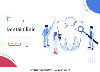 Banner de concepto de clínica dental con carácter. Se puede usar para banner web, infografías, imágenes de héroes. Ilustración vectorial isométrica plana aislada sobre fondo blanco.