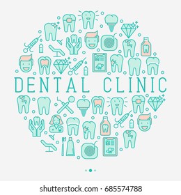 Dental clinic concept in circle with thin line icons related to teeth treatment, dental equipment, oral hygiene. Vector illustration for web page, banner, print media.