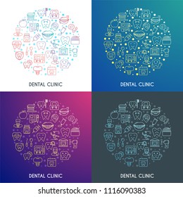 Dental Clinic concept. Design template with thin line icons on theme stomatology, hygiene and medicine. Vector illustration