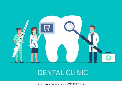 Dental clinic concept design for web banners, infographics. Stomatology dentist at work. Flat style vector illustration.
