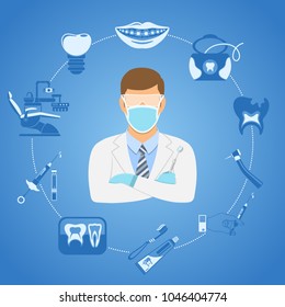 Dental Clinic Concept with flat two color icons dentist chair, dentist doctor, braces, cartridge syringe and dental tools. Isolated vector illustration