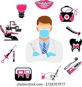 Concepto de clínica dental Concepto de clínica dental con dos iconos planos de color silla de dentista, dentista, médico, aparatos ortopédicos, jeringa de cartucho y herramientas dentales. Ilustración vectorial aislada