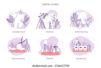 Dental clinic concept set. Group of small dentists in uniform treat giant tooth using medical equipment. Idea of dental care. Flat illustration