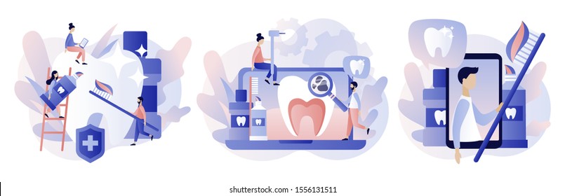 Dental clinic concept. Stomatology and orthodontics medical center. Dental care. Teeth treatment, protect and cleaning teeth. Modern flat cartoon style. Vector illustration