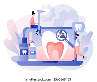 Dental clinic concept. Stomatology and orthodontics medical center. Dental care. Teeth treatment, protect and cleaning teeth. Modern flat cartoon style. Vector illustration