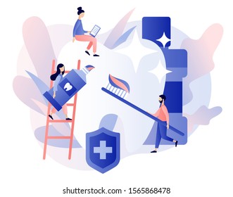 Dental clinic concept. Stomatology and orthodontics medical center. Dental care. Teeth treatment, protect and cleaning teeth. Modern flat cartoon style. Vector illustration