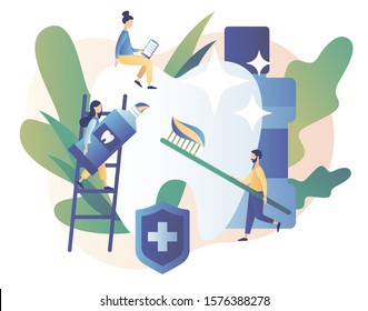 Dental clinic concept. Stomatology and orthodontics medical center. Dental care. Teeth treatment, protect and cleaning teeth. Modern flat cartoon style. Vector illustration