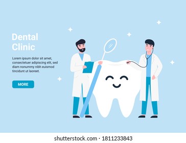 Dental clinic concept, two dentists near happy tooth. Flat vector illustration for web page, banner, poster, template, layout.