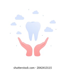 Dental clinic concept. Vector flar healthcare illustration. Human hand hold tooth isolated on white sky background. Design for oral health care