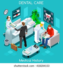 Dental Clinic dentist Department infographic. Patient interview medicine history wait room medical dental visit. Oral care concept. 3d Isometric Hospital clinic reception patient wait medical vector