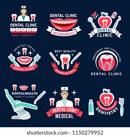 Dental clinic, dentist and orthodontist office icons for dentistry medicine design. Tooth, doctor tool and oral hygiene instrument, braces, floss, toothbrush and toothpaste symbols for emblem template