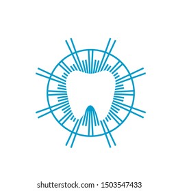 Dental clinic dentistry logo design with white teeth and blue sun ray illustration