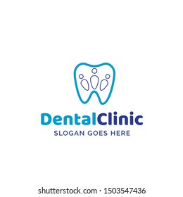 Dental clinic dentistry logo design with blue teeth and human shapes illustration