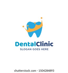 Dental clinic dentistry logo design with blue teeth and king crown illustration