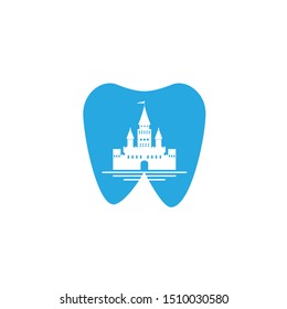 Dental clinic dentistry logo design with blue teeth and kingdom castle illustration