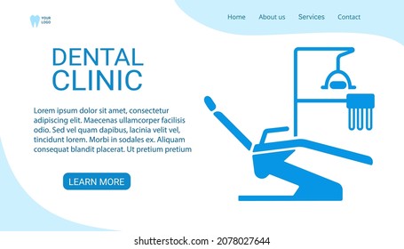 Dental clinic. Dentistry website landing page template, poster, flyer. Dental clinic banner with dental chair. Background for presentation. Flat vector illustration isolated blue on white background.
