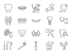 Dental Clinic Doodle Illustration Including Icons - Wisdom Tooth, Veneer, Teeth Whitening, Braces, Implant, Electric Toothbrush, Caries, Floss, Mouth. Thin Line Art About Stomatology. Editable Stroke.