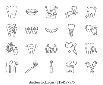 Ilustración del doodle clínico dental incluyendo íconos - dientes de sabiduría, barniz, blanqueamiento de dientes, cepillos, implante, cepillo de dientes eléctrico, caries, hilo, boca. Arte delgado sobre estomatología. Stroke editable.