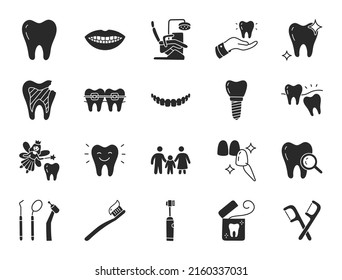 Dental clinic doodle illustration including flat icons - wisdom tooth, veneer, teeth whitening, braces, implant, toothbrush, caries, floss, mouth. Glyph silhouette art about stomatology. Black Color