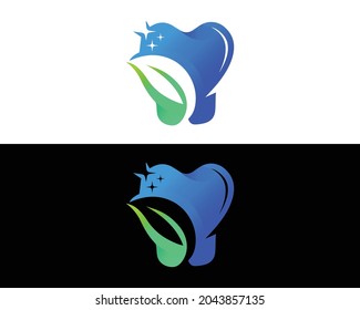 Dental Clinic With Eco Leaf Logo Design Concept Vector Template.