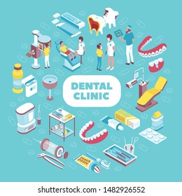 Dental clinic elements isometric circular composition with ultrasound machine decayed teeth patients dentist tools chair vector illustration 